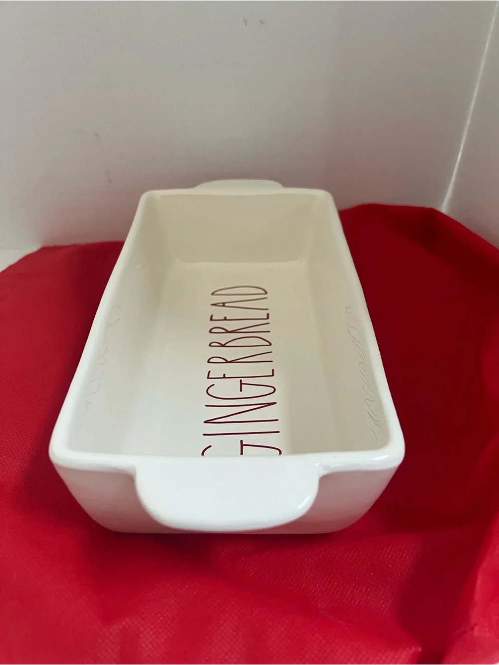 Rae Dunn Christmas GINGERBREAD Loaf Pan White With Red Lettering 9